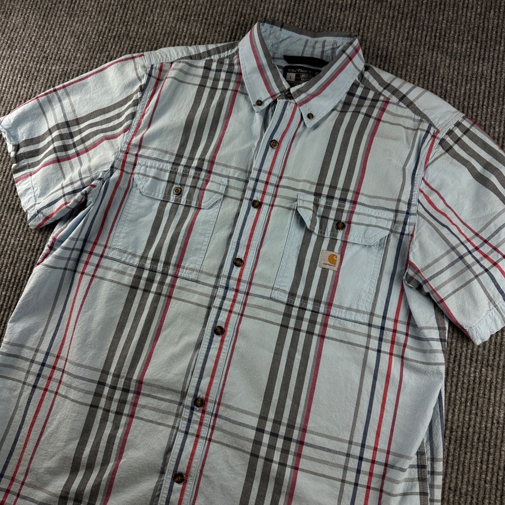 Carhartt Mens Loose Fit Plaid Short Sleeve Button Down Shirt Blue 105175 H51 L
